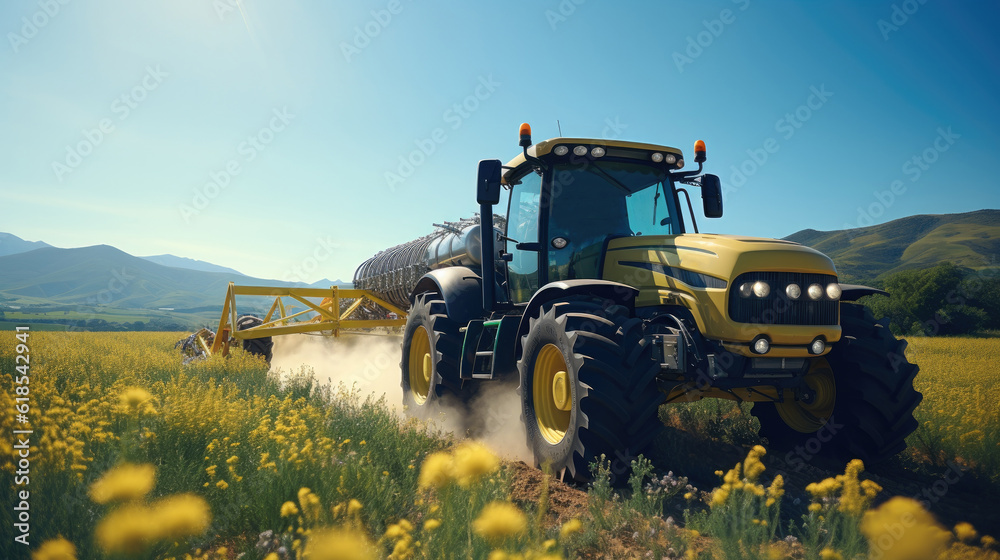 Tractor spraying chemical pesticides with sprayer on the large green agricultural field.