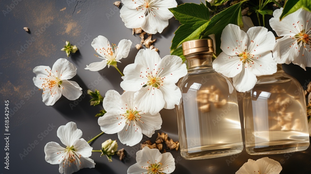 Aromatherapy concept, Top view of glass bottles of geranium essential oil with fresh white flowers a