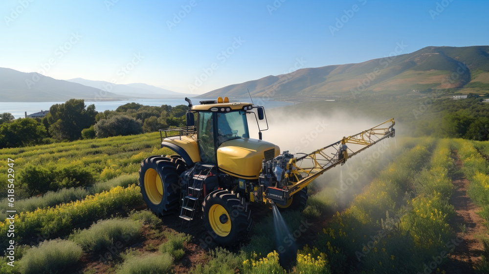 Tractor spraying chemical pesticides with sprayer on the large green agricultural field.