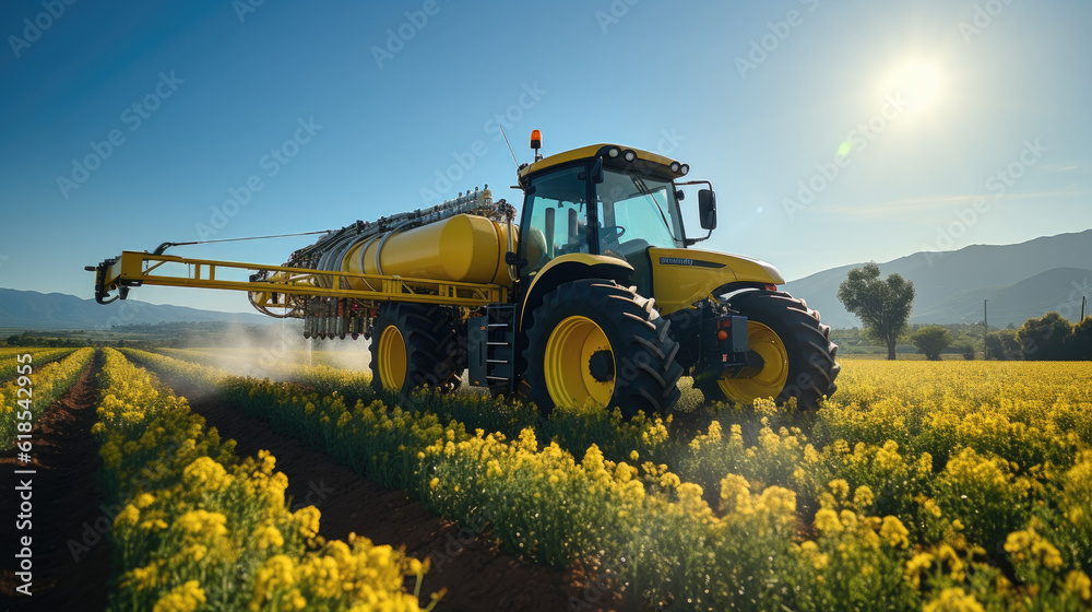 Tractor spraying chemical pesticides with sprayer on the large green agricultural field.