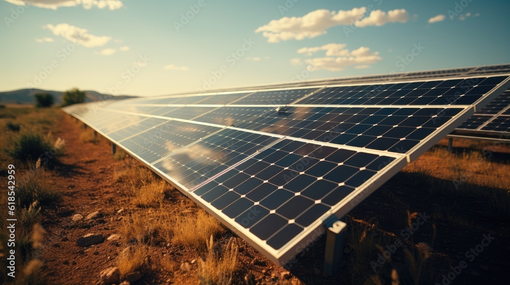 Solar panels in solar farm with sun lighting to create the clean electric power.