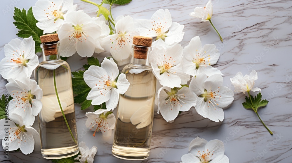 Aromatherapy concept, Top view of glass bottles of geranium essential oil with fresh white flowers a