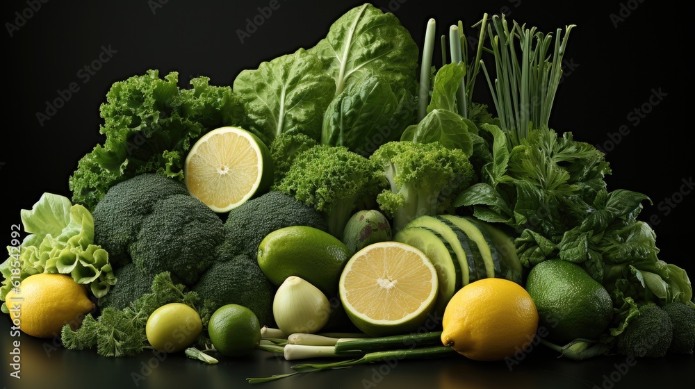 Various green vegetables and fruits, Asparagus, cucumbers, apples, avocado and onion, Different frui