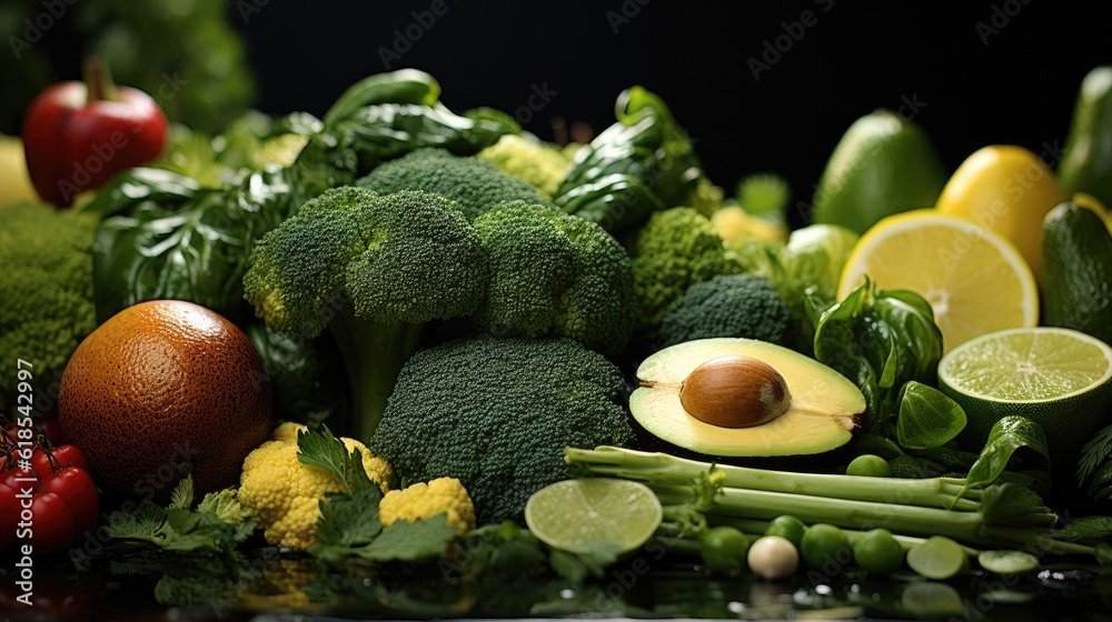 Various green vegetables and fruits, Asparagus, cucumbers, apples, avocado and onion, Different frui