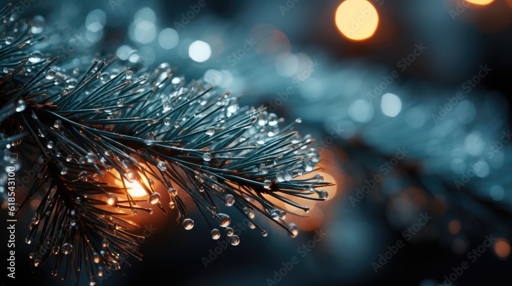 Fir tree branches with glowing Christmas lights background, Winter and holidays concept.