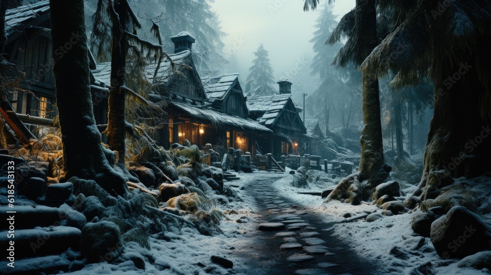 Rustic house covered in snow during winter..