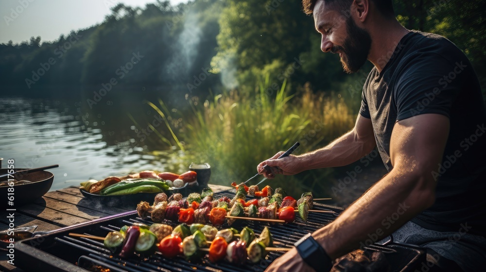 Crop man roasting vegetable kebabs on grill near lake