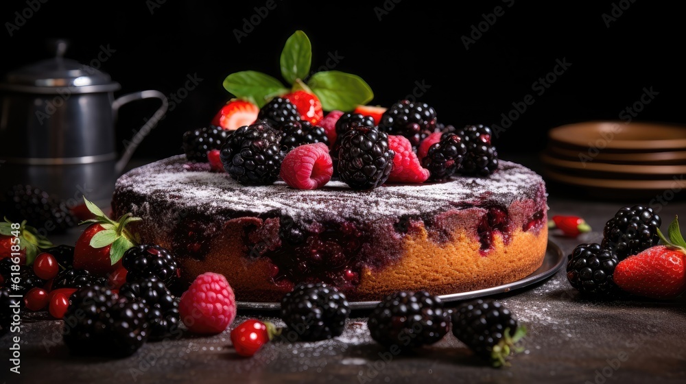 chocolate cake with berries, black currant cake crumble cake