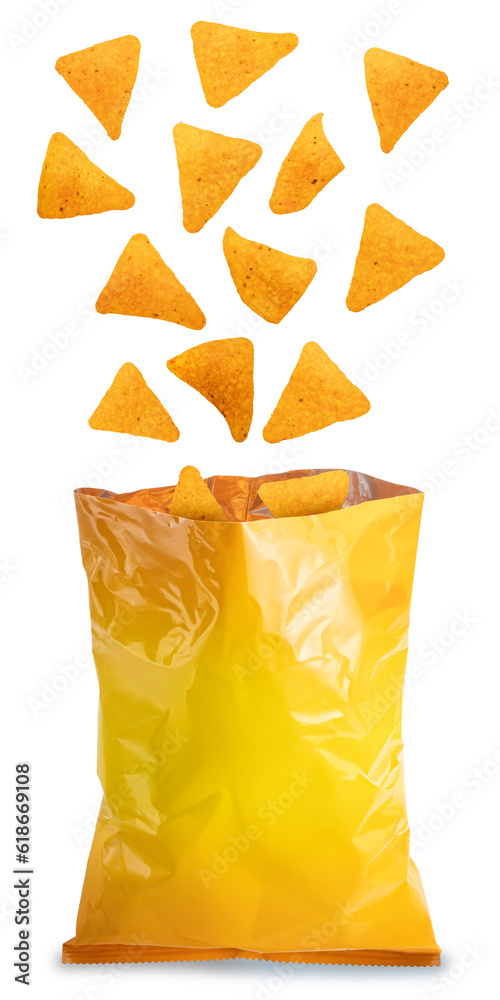 Crispy nachos in yellow bag isolated on white background, Corn chips on white With clipping path.