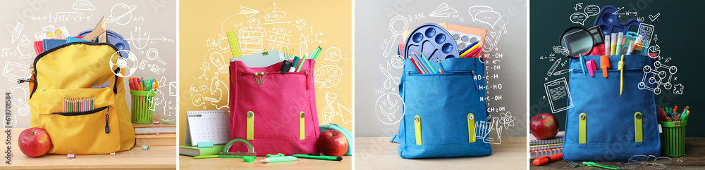 Collage with different school backpacks and stationery on colorful background