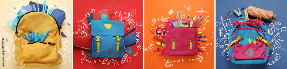 Different school backpacks with stationery on colorful background, top view