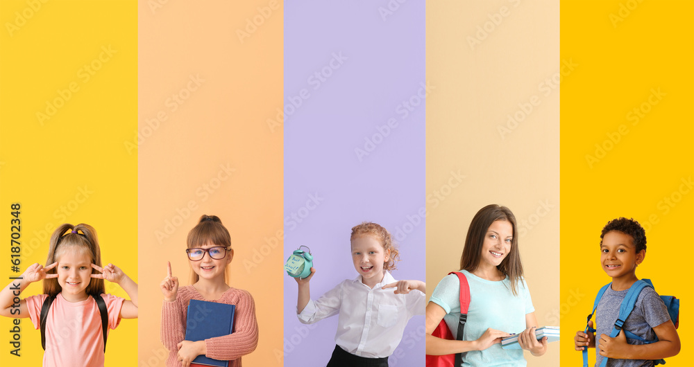 Set of many little students on color background