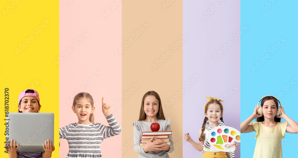 Set of many little schoolgirls on color background