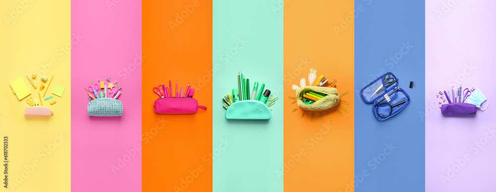 Collage of pencil cases with school stationery on color background