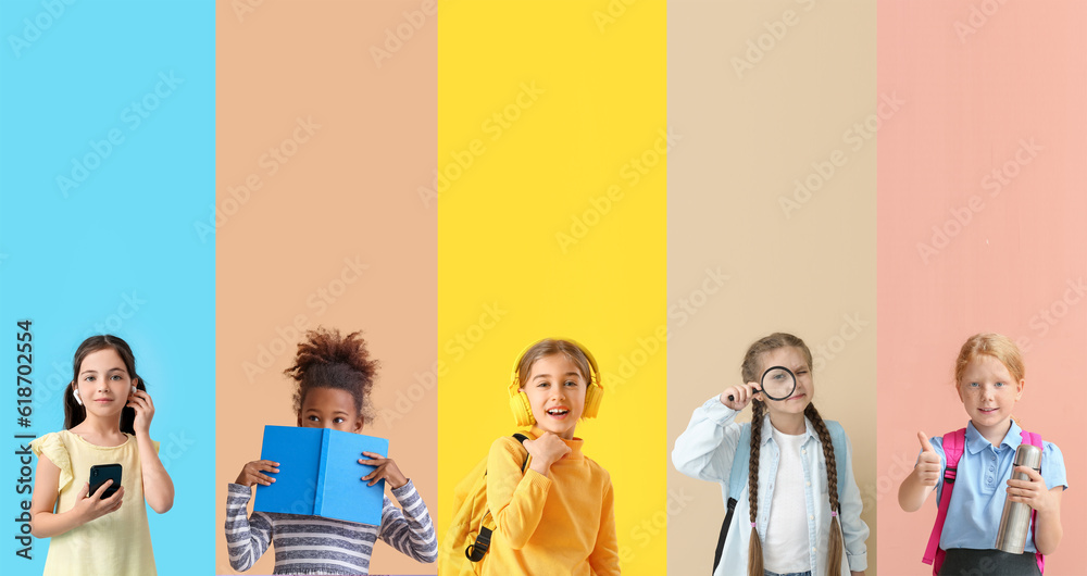 Set of many little schoolgirls on color background