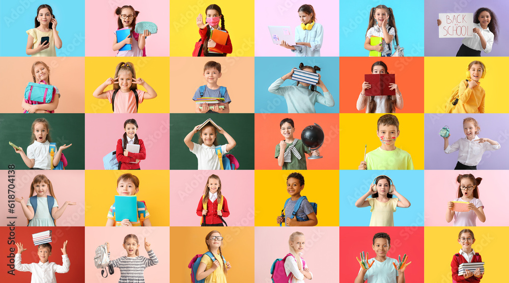 Collage with many little students on color background