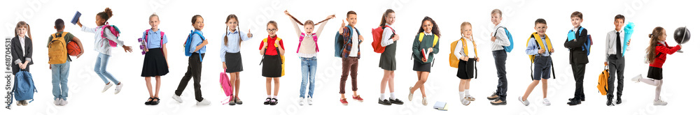 Set of cute schoolchildren on white background