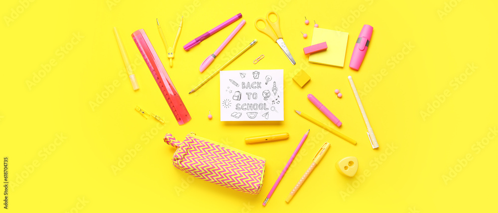 Paper sheet with text BACK TO SCHOOL and different stationery on yellow background