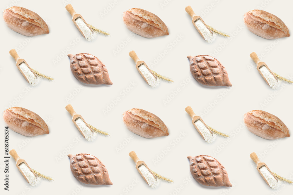 Pattern with tasty bread loaves and wheat flour on light background