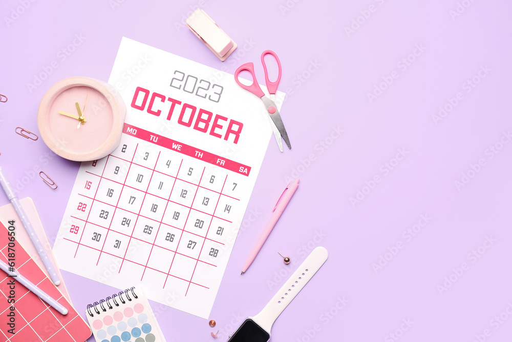 Composition with calendar, smartwatch, alarm clock and stationary on lilac background