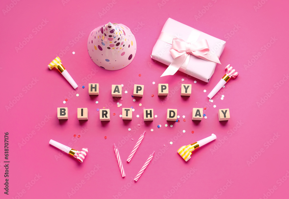 Text HAPPY BIRTHDAY and different party decor on pink background