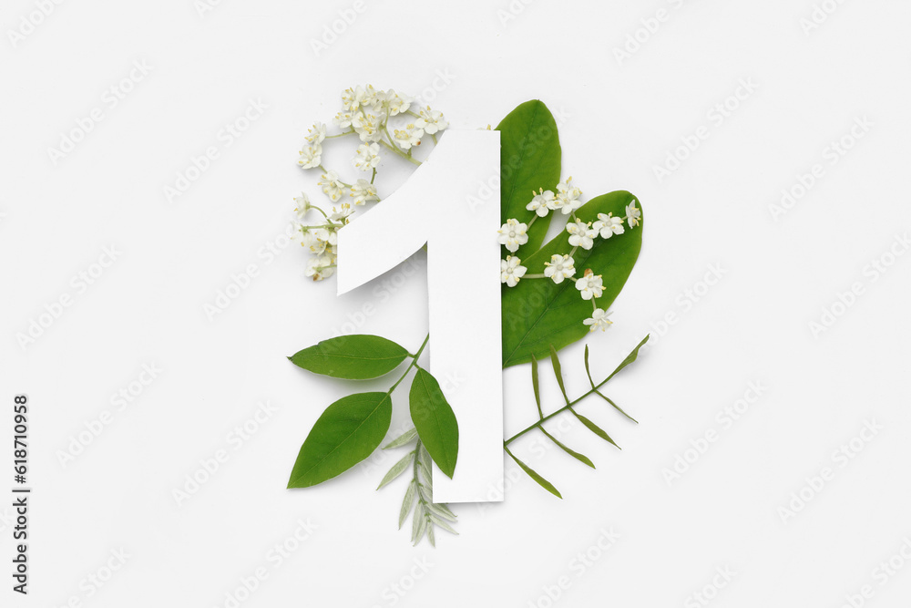 Green leaves and flowers with paper number one on white background