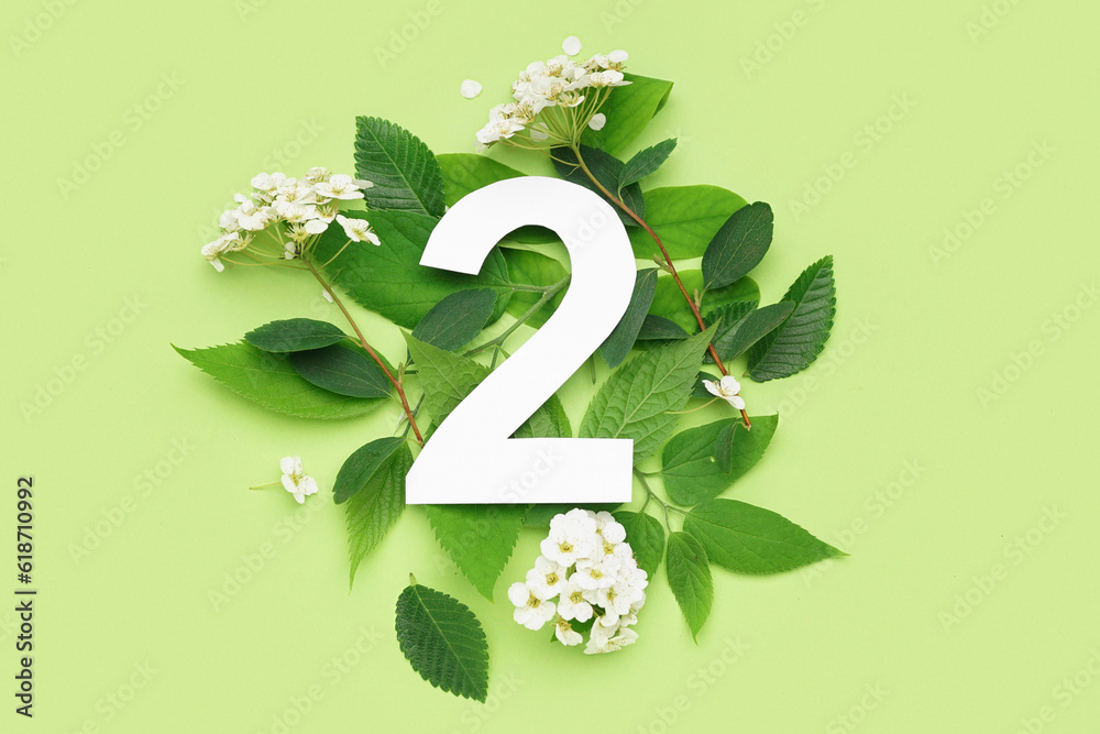 Leaves and flowers with paper number two on green background