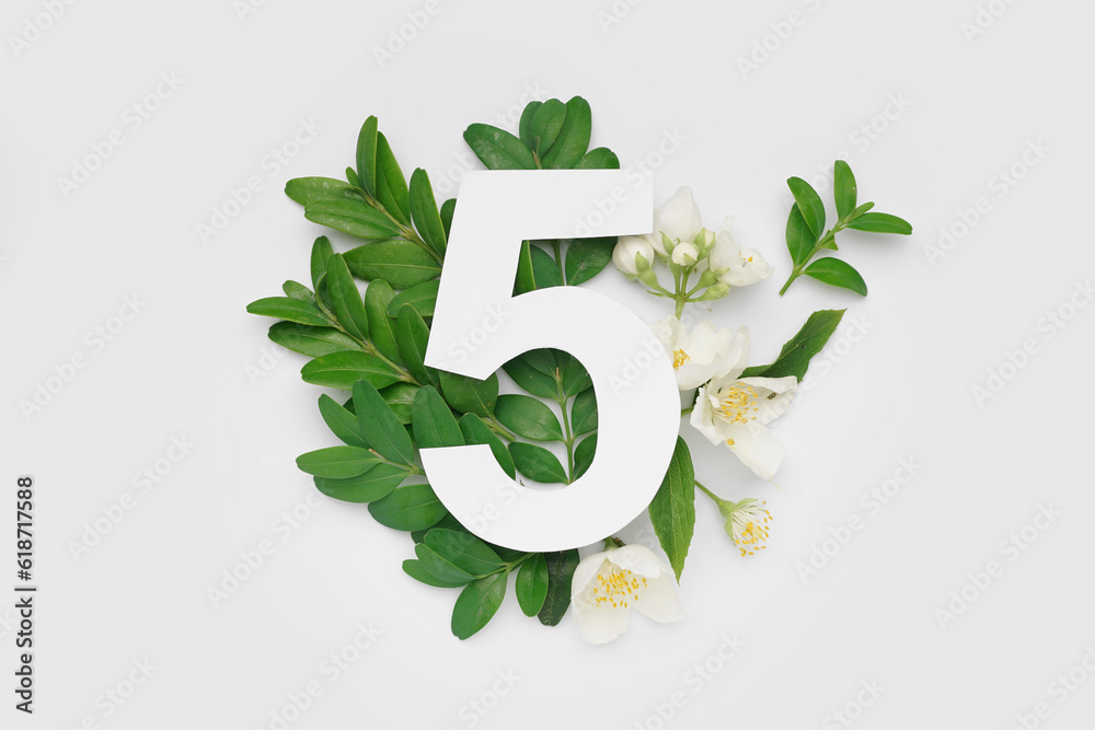 Green leaves and flowers with paper number five on white background