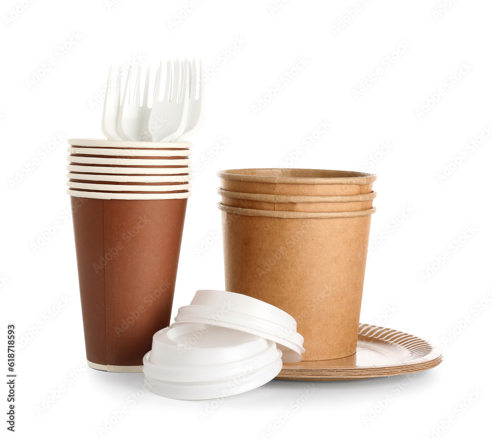 Paper tableware for picnic on white background