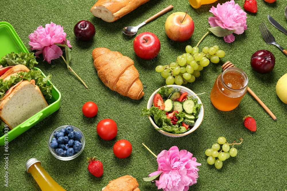 Composition with salad, sandwiches, juice and different tasty food for picnic on green background