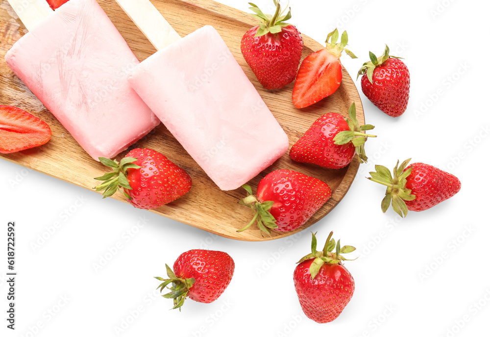 Wooden board with sweet strawberry ice-cream popsicles on white background