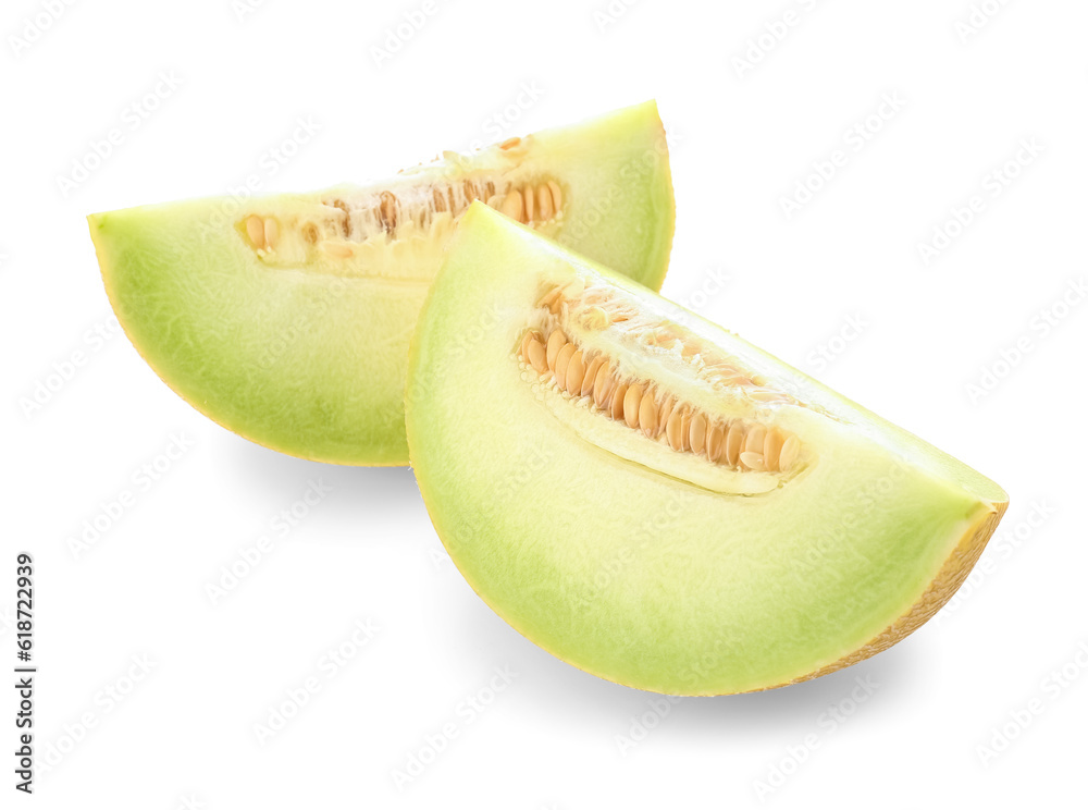 Pieces of sweet melon on white background