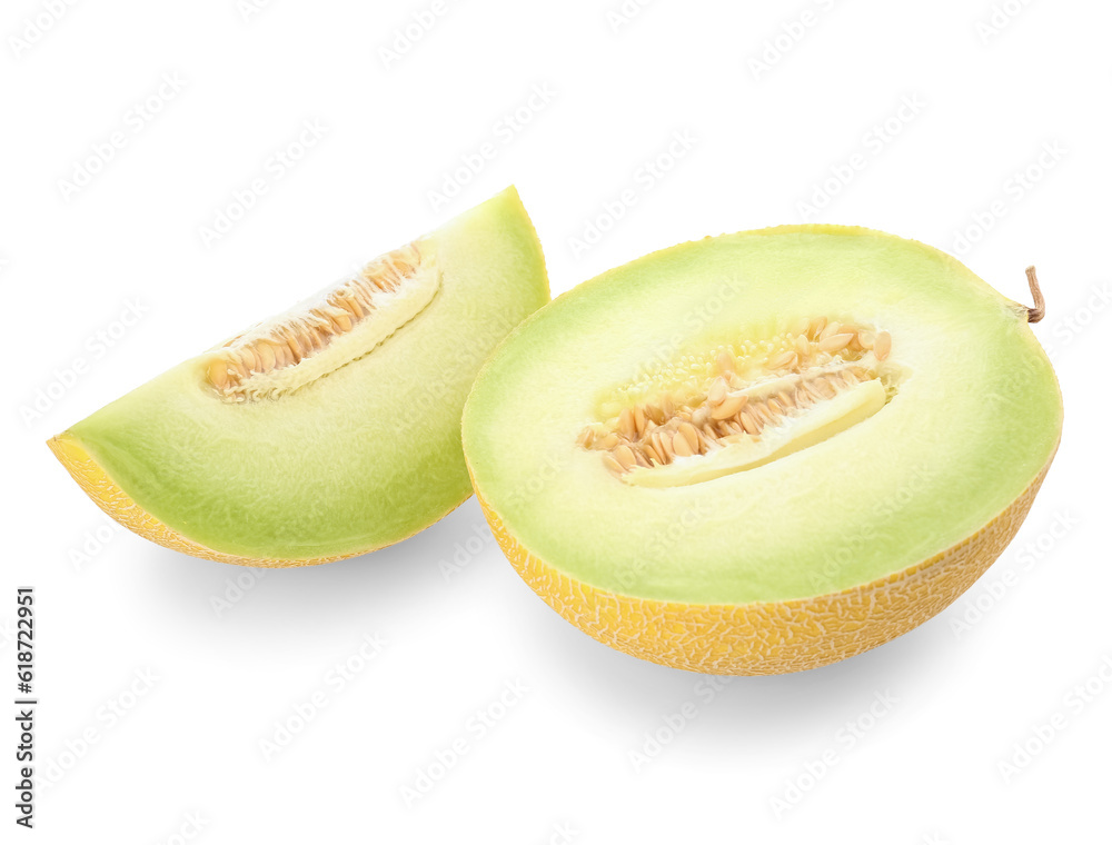 Half of sweet melon with piece on white background