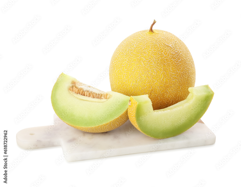 Board with sweet melon and pieces on white background