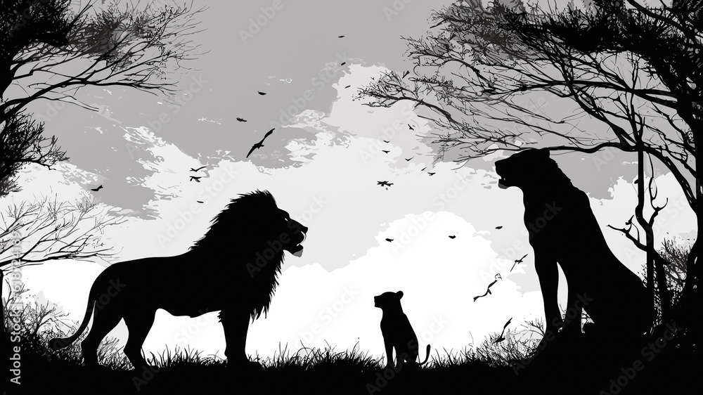 Lions silhouette with monochromatic palette of black and white. Illustration.