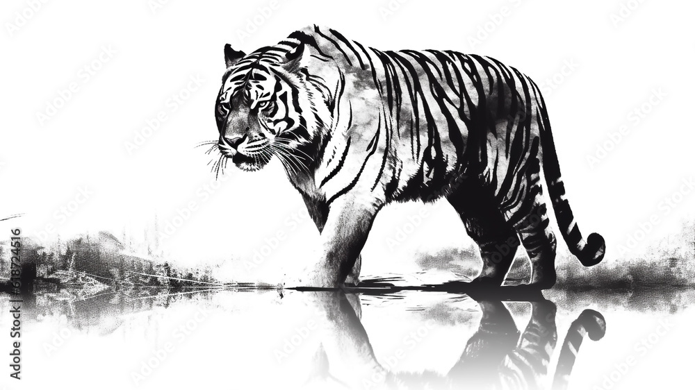 A tiger standing in water with reflection. Black and white illustration.