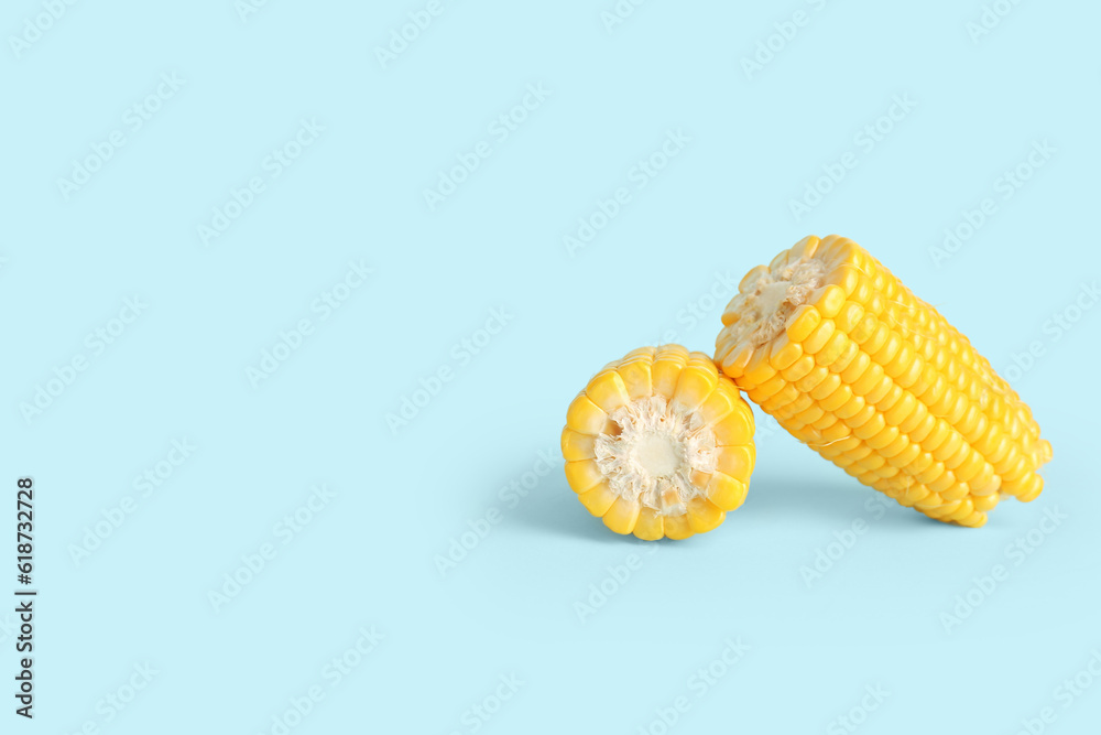 Cut fresh corn cobs on blue background