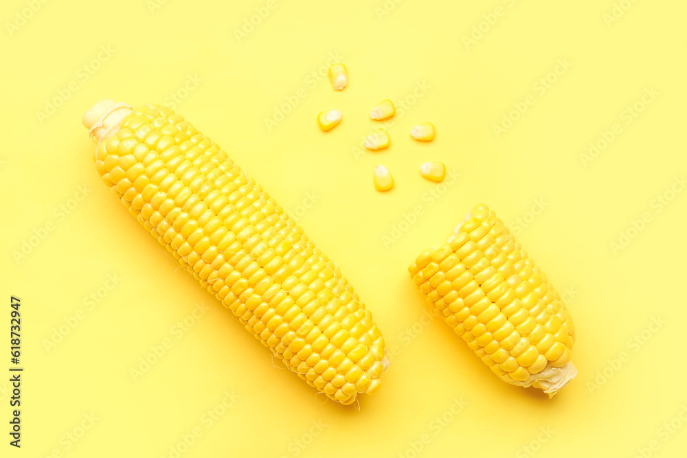 Fresh corn cobs and seeds on yellow background