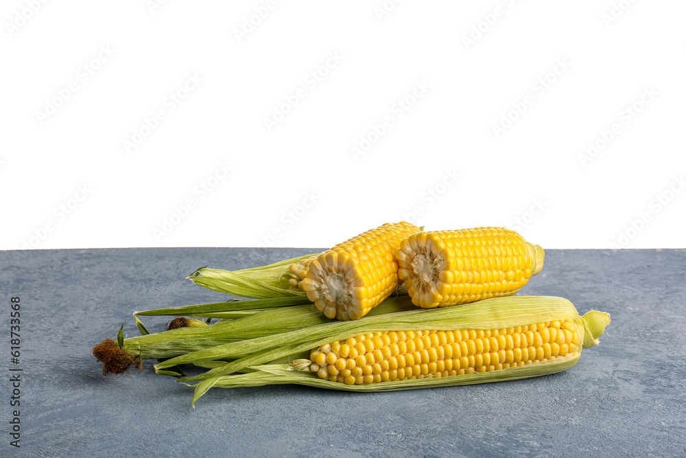 Fresh corn cobs on blue table against white background