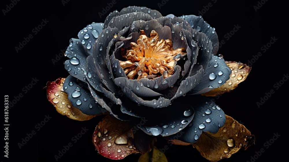 Black Peony flowers with water drops background. Closeup of blossom with glistening droplets. Genera