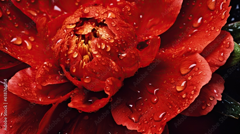 Red Peony flowers with water drops background. Closeup of blossom with glistening droplets. Generati