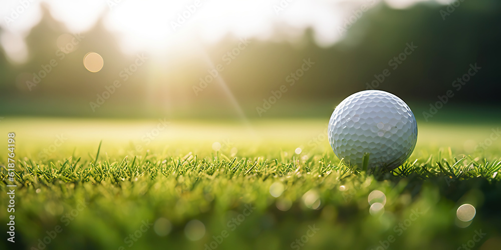 Close-up of golf ball on green grass of golf course, sunny day, blurred backdrop. Generative AI