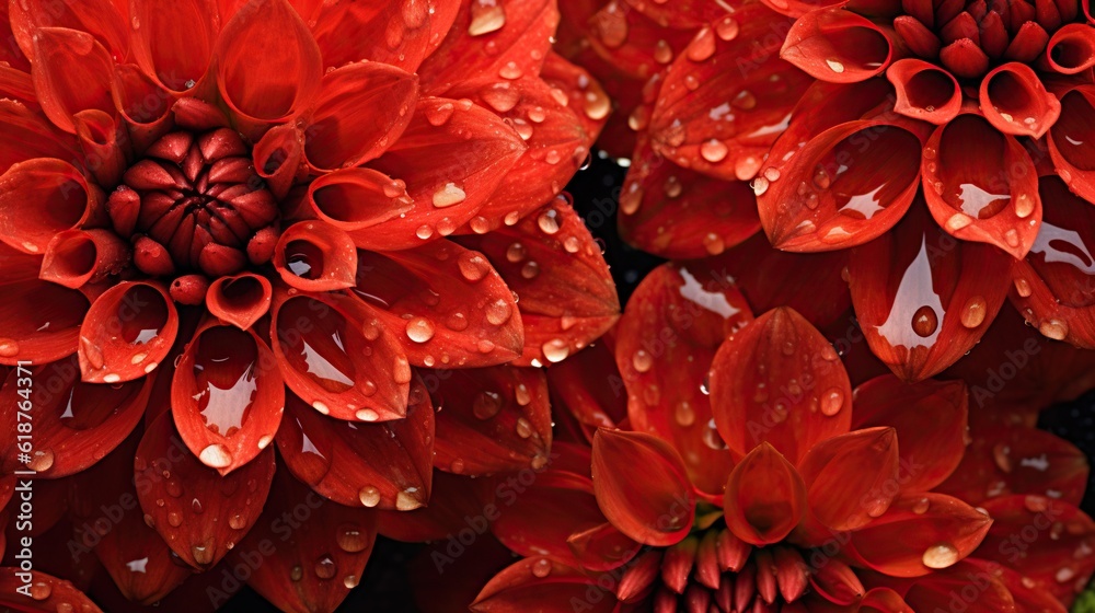 Red Dahlia flowers with water drops background. Closeup of delicate blossom with glistening droplets