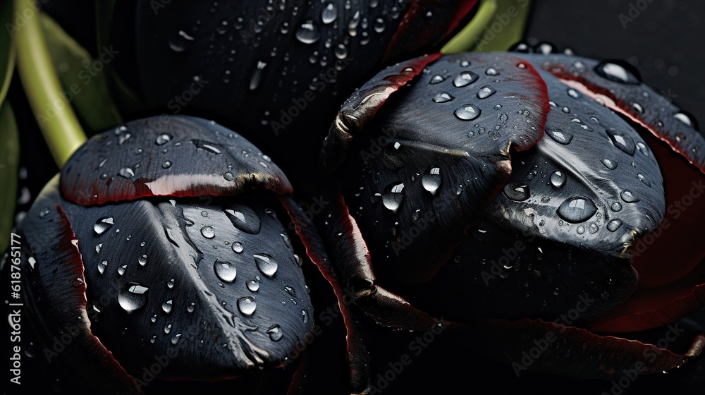 Black Tulips flowers with water drops background. Closeup of blossom with glistening droplets. Gener