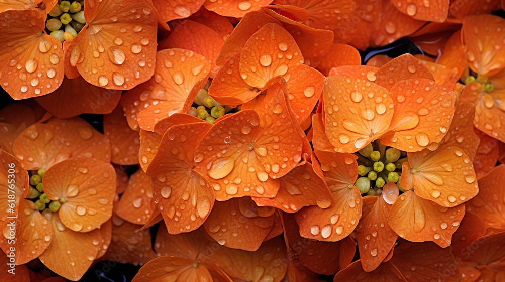 Orange Hydrangeas flowers with water drops background. Closeup of blossom with glistening droplets. 