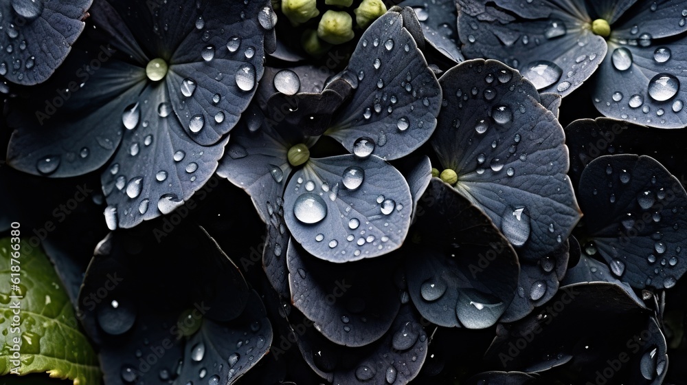 Black Hydrangeas flowers with water drops background. Closeup of blossom with glistening droplets. G