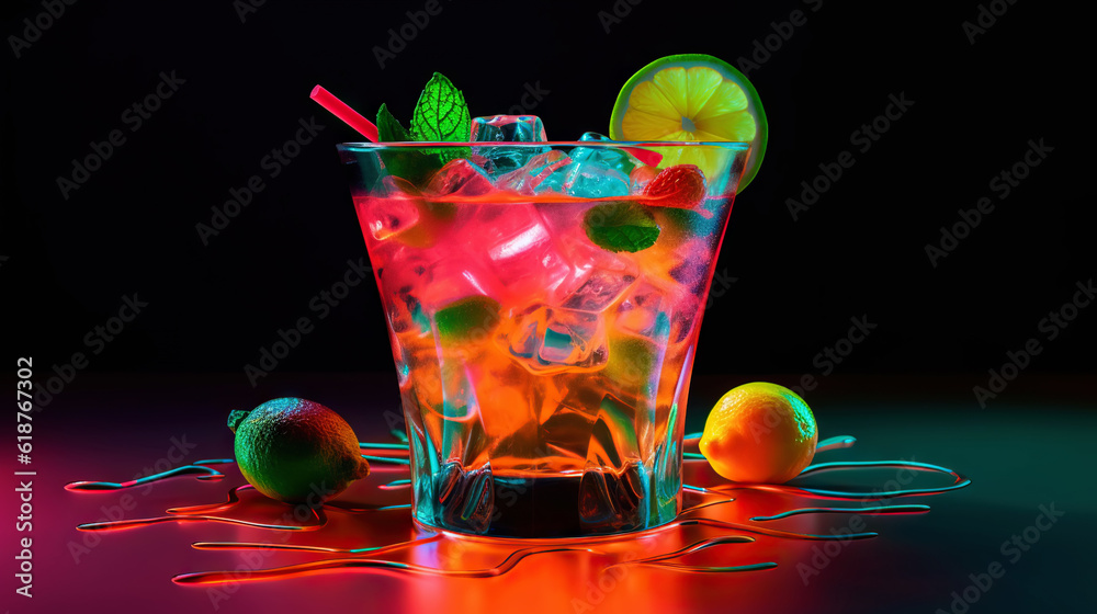 Glass of cocktail in hypnotic neon light. Colorful rave party drink. Generative AI