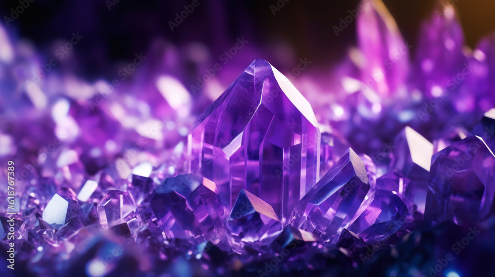 Amazing bright and shiny Amethyst crystal cluster background. Jewel mineral detailed macro. Generati