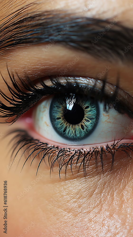 Close-up of a womans eye with dramatic lashes, black eyeline and professional makeup. Generative AI