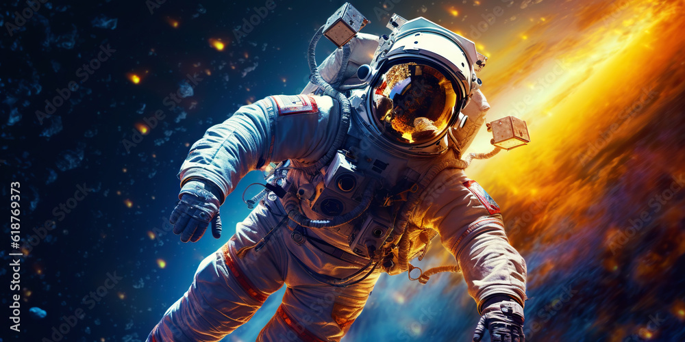 Portrait of astronaut floating in space with a asteroids, space rocks, burning sparks on backdrop. G